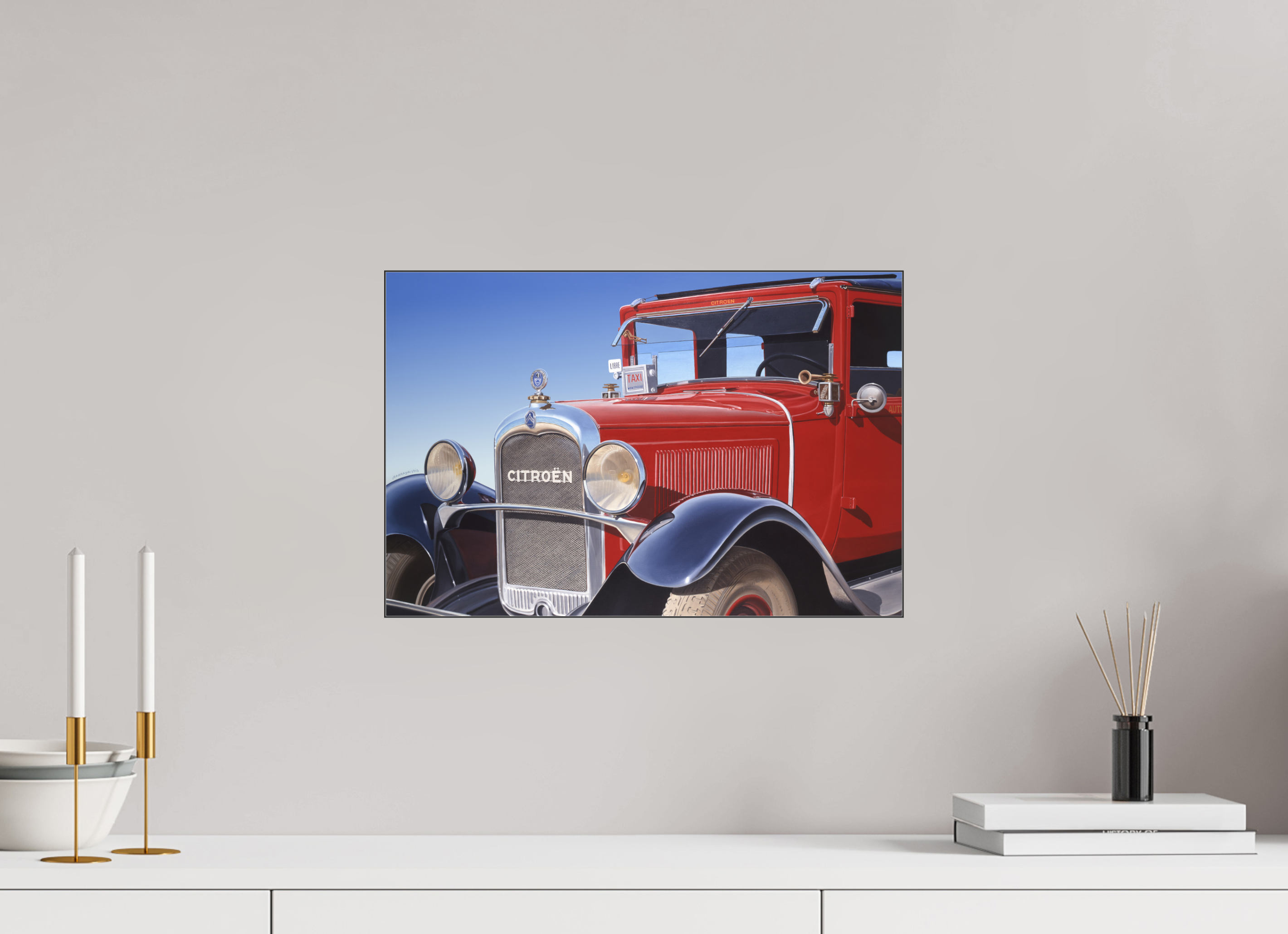 45 x 30 cm, Sous Plexiglas Brillant Cadre Fin Noir Auto-portrait Taxi Citröen.