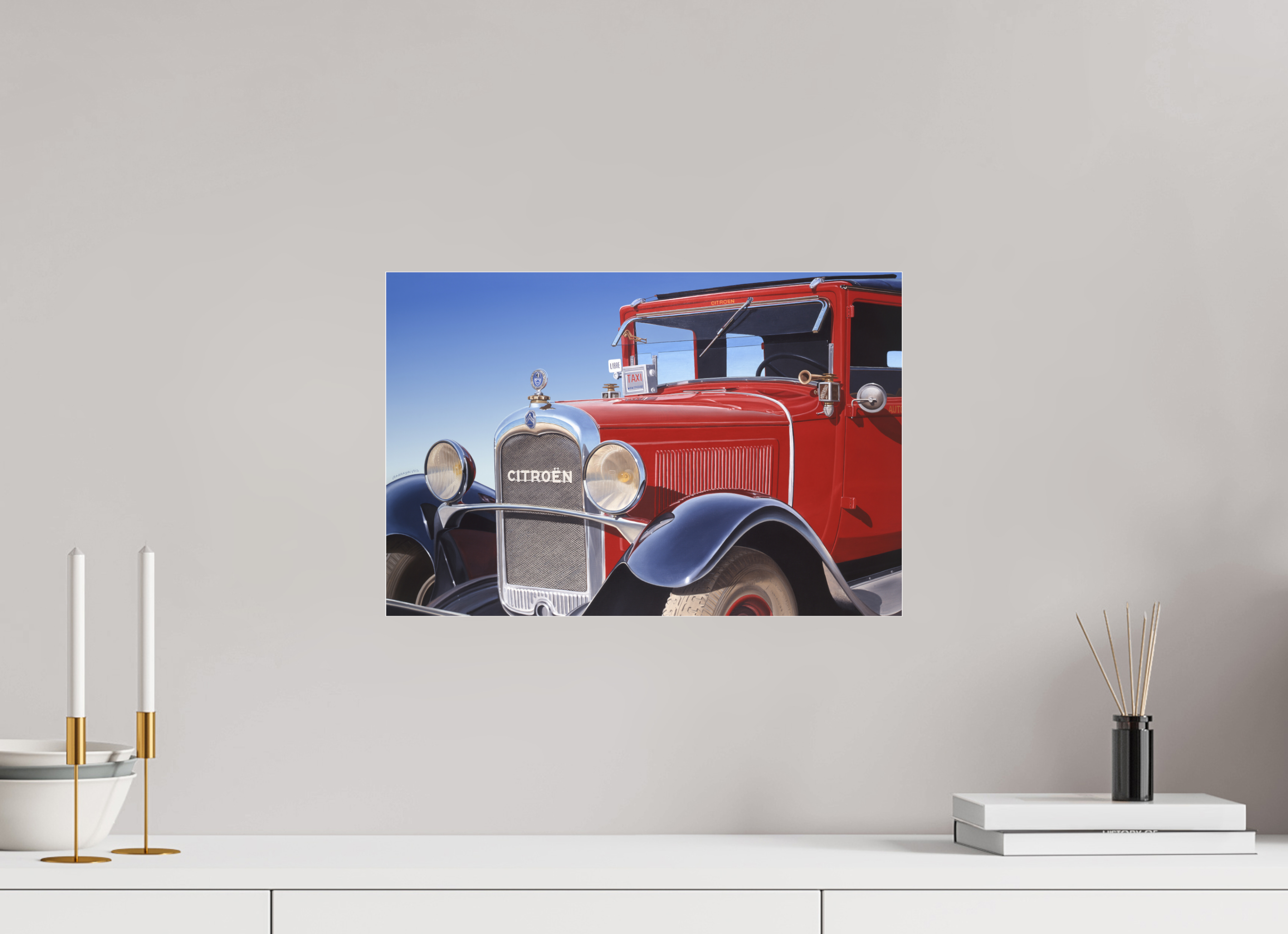 45 x 30 cm, Sous Plexiglas Brillant Auto-portrait Taxi Citröen.