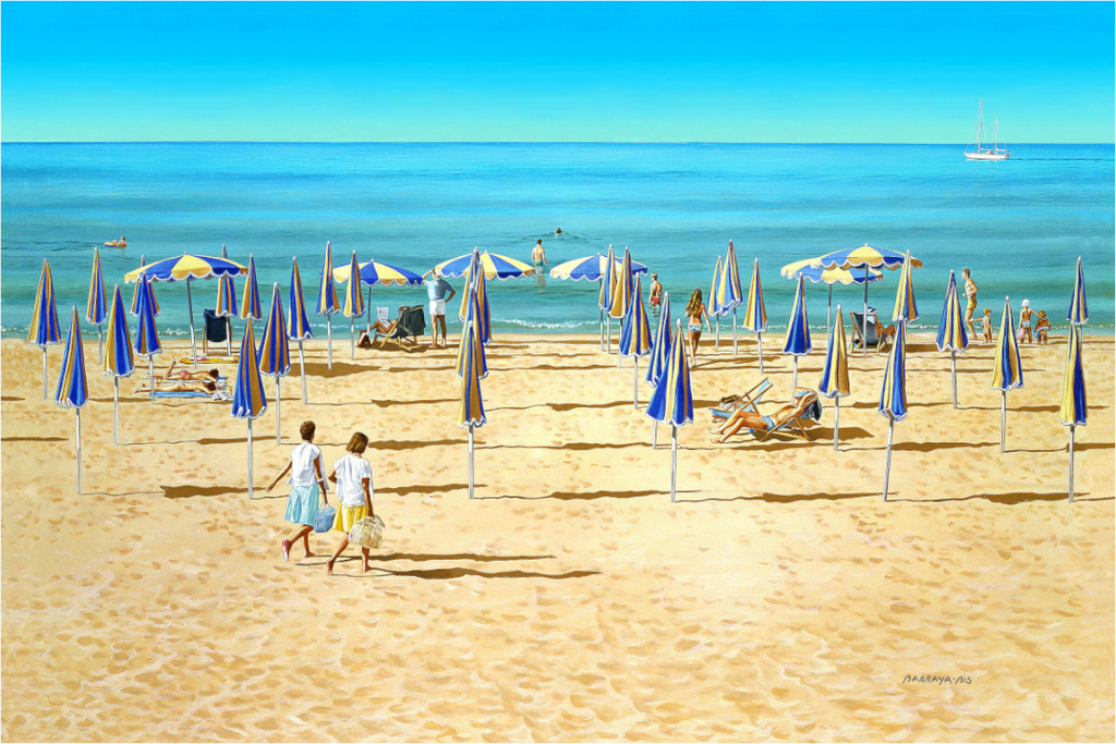 Une plage, le matin, se remplit petit à petit près de la mer et les parasols s'ouvrent comme sur une partition.