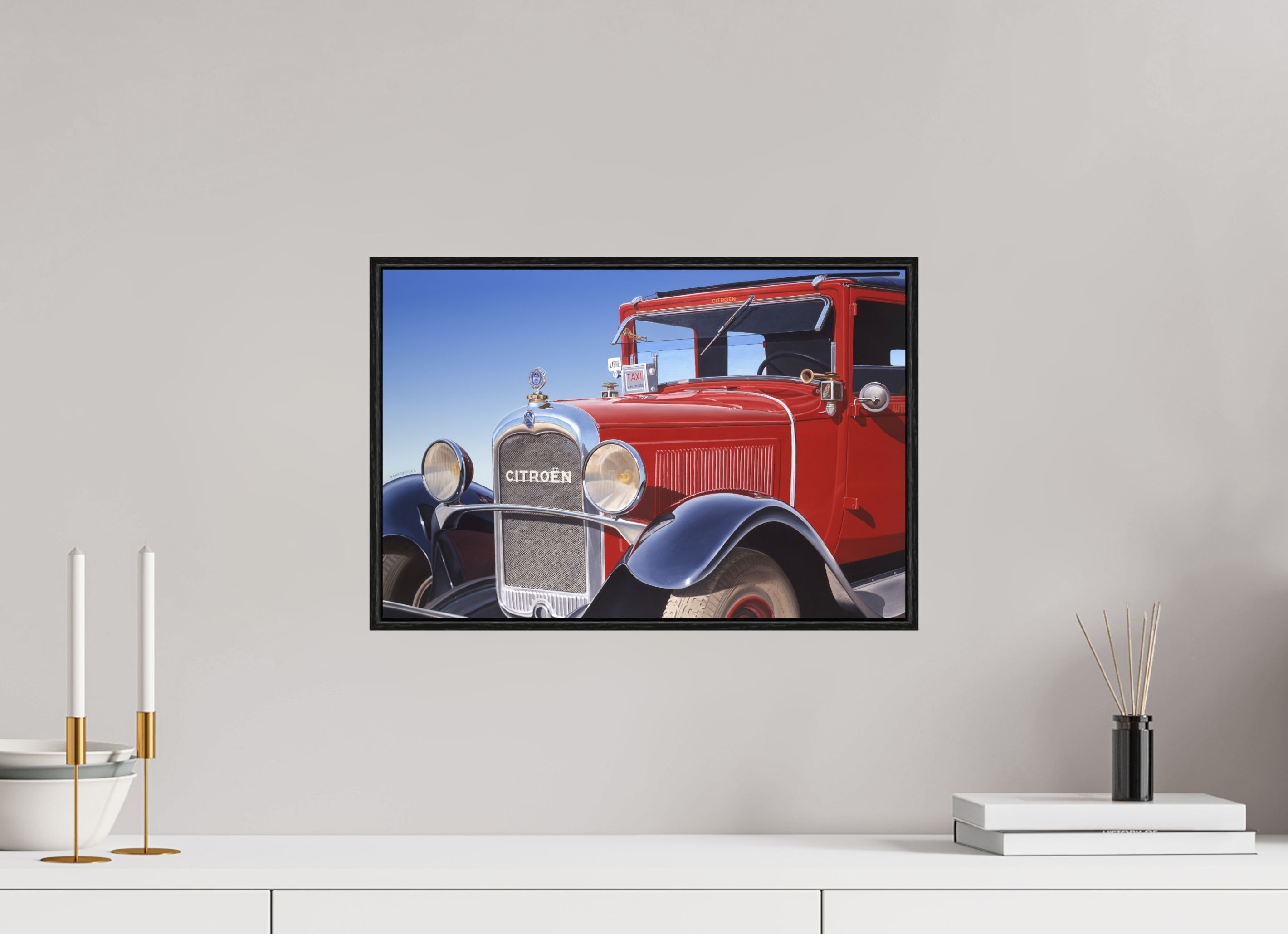 45 x 30 cm, Sur Alu Dibond Mat Cadre 6mm noir Auto-portrait Taxi Citröen.