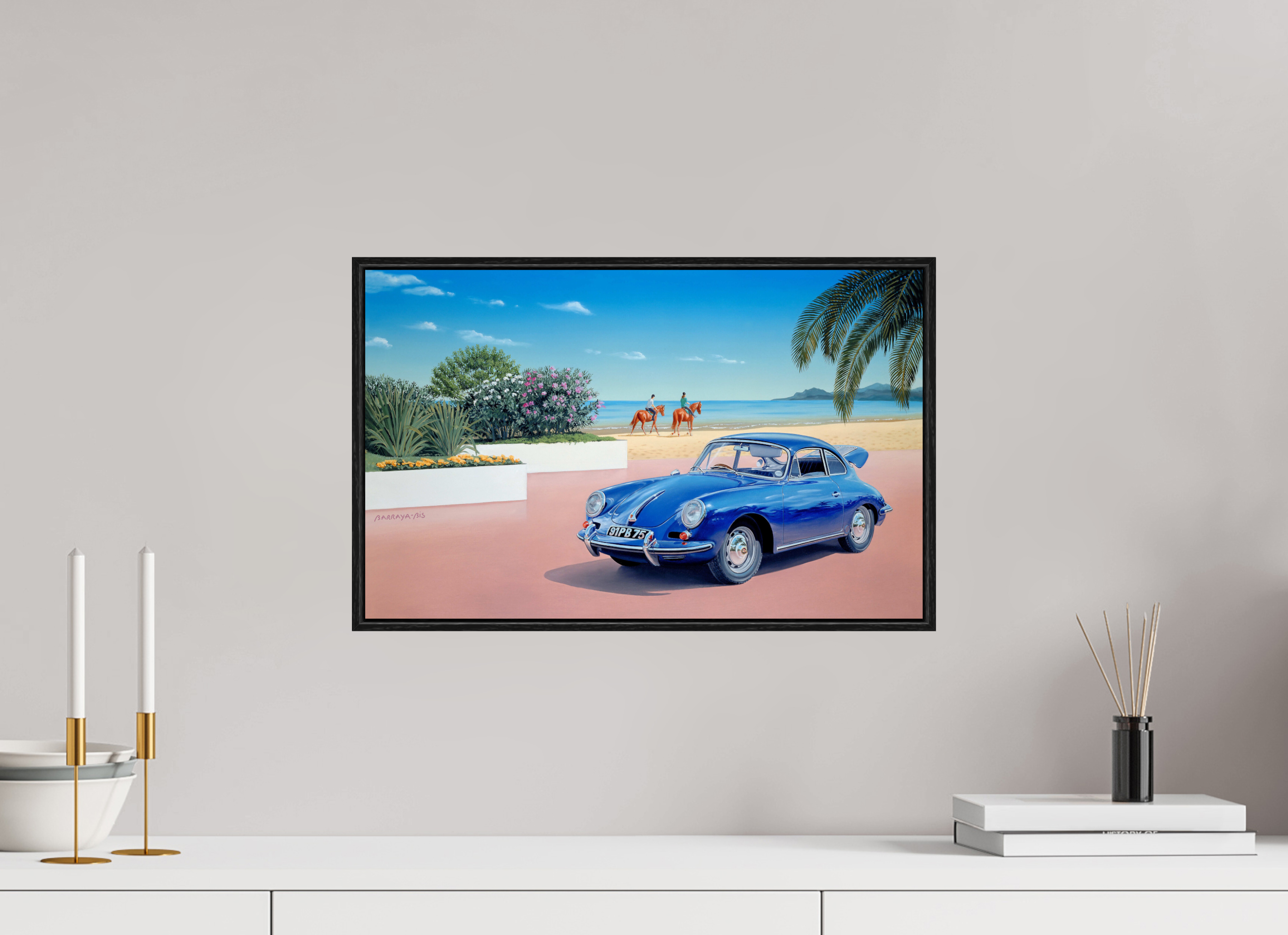 48 x 30 cm, Sur Alu Dibond Mat Cadre 6mm noir À cheval, en voiture.