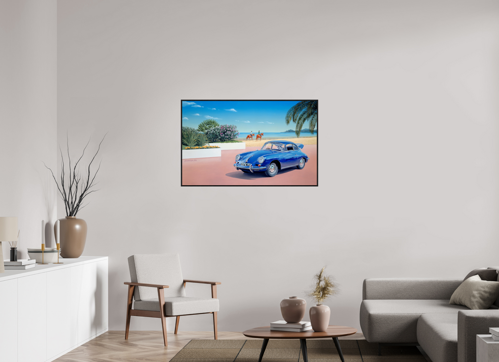 112 x 70 cm, Sur Alu Dibond Mat Cadre 6mm noir À cheval, en voiture.