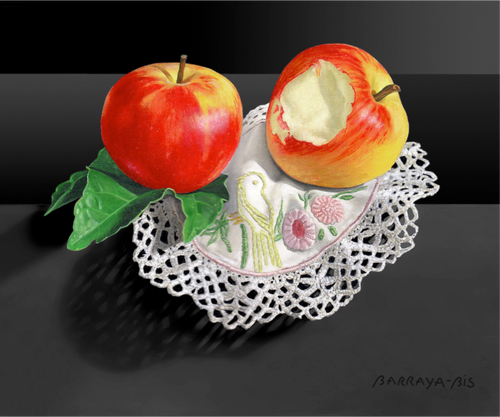 Deux pommes dont une croquée sur une petite nappe brodée. L'histoire d'Adam et Ève. / BARRAYA-BIS