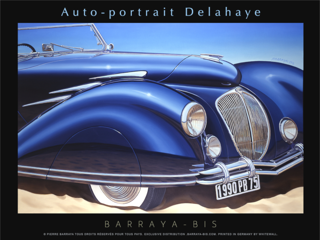 Affiche de Pierre Barraya. Auto-portrait Delahaye Bleu nuit.
