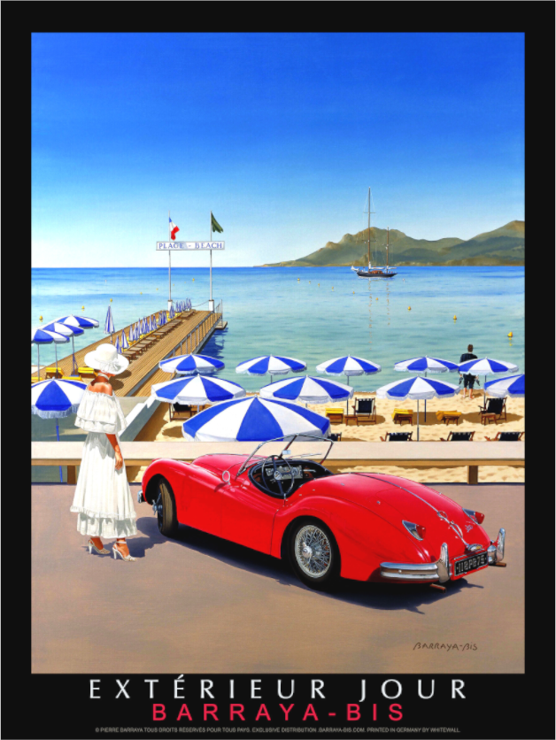  Affiche de Pierre Baarraya. Une jeune actrice et sa jaguar sur la Croisette attendent un acteur qui se trempe les pieds dans la elle bleue