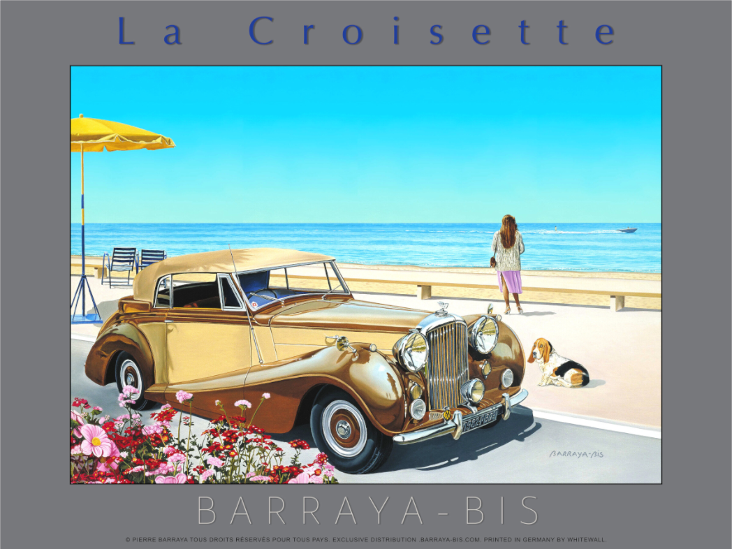 Affiche de Pierre Barraya. La Croisette à Cannes avec Rolls-Royce de deux couleurs et personnages
