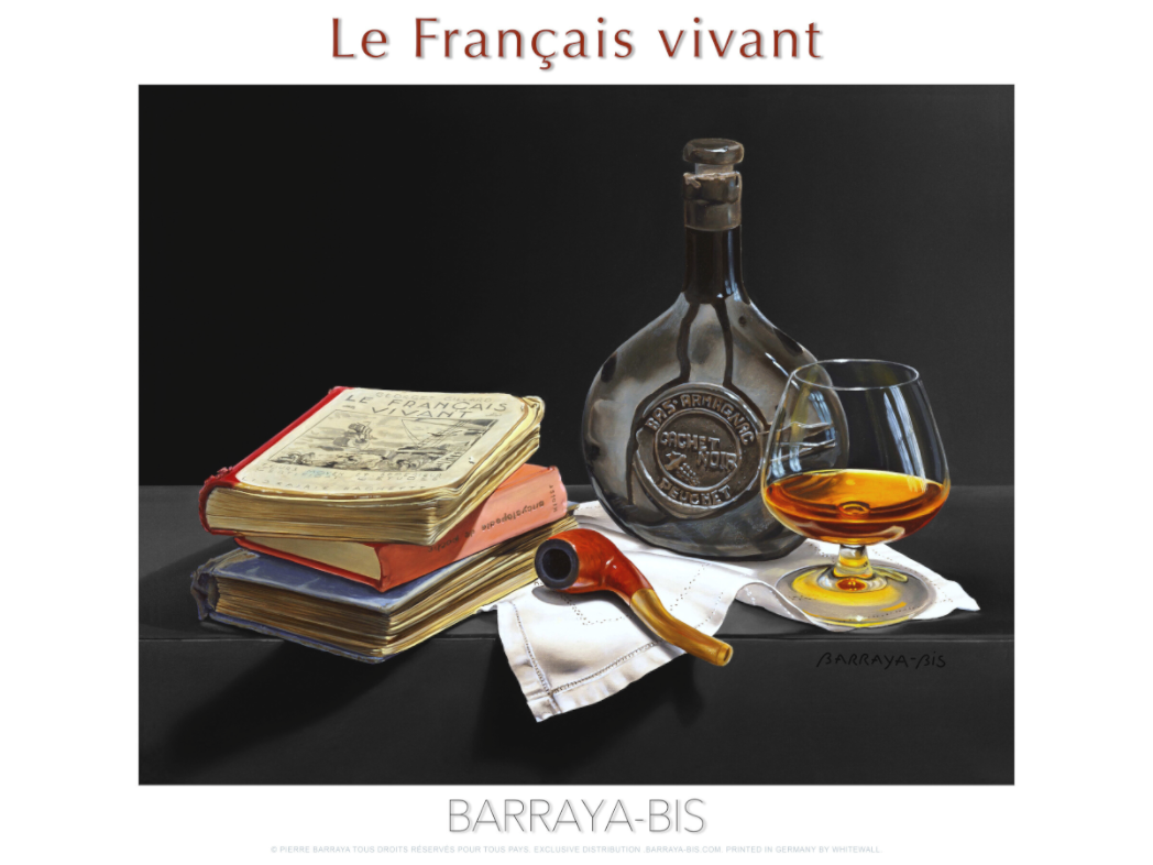 Affiche de Pierre Barraya. Le Français vivant Armagnac, pipe, livres.