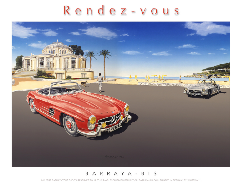 Affiche de Pierre Barraya. Rendez-vous de deux Mercedes de collections sur la plage devant le casino e Beaulieu