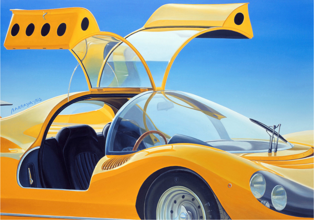 Auto-portait-Ferrari-papillon.. Gros plan sur un prototype de Ferrari jaune (Couleur des Dino) en plein soleil. / Barraya-bis