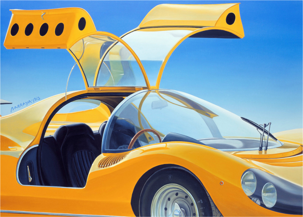 Plein cadre sur une Ferrari papillon jaune qui brille au soleil.