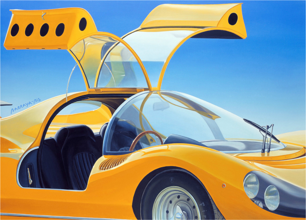 Plein cadre sur une Ferrari papillon jaune qui brille au soleil.