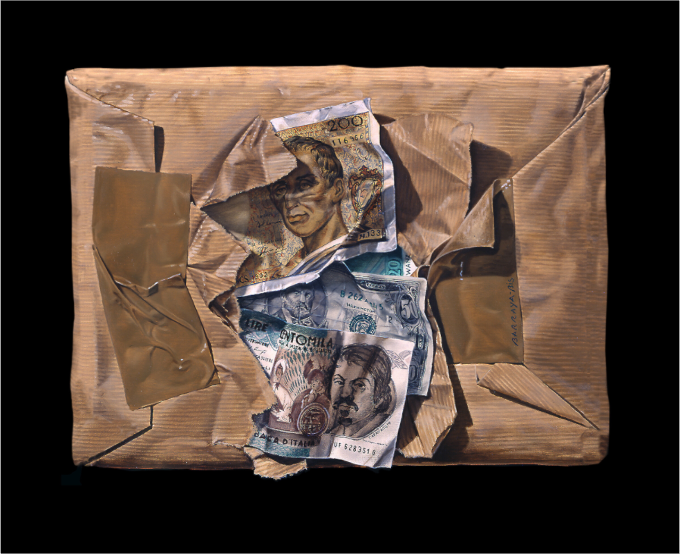 Un paquet en kraft contient des billets anciens style Trompe l'œil.