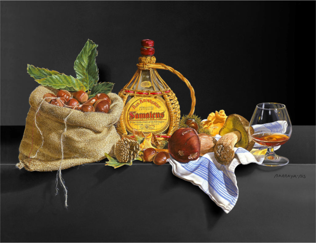 Dans cette grande composition d'automne, l'ambiance chaleureuse et rustique se dégage à travers les éléments soigneusement disposés. Sur le thème qe l'Armagnac.