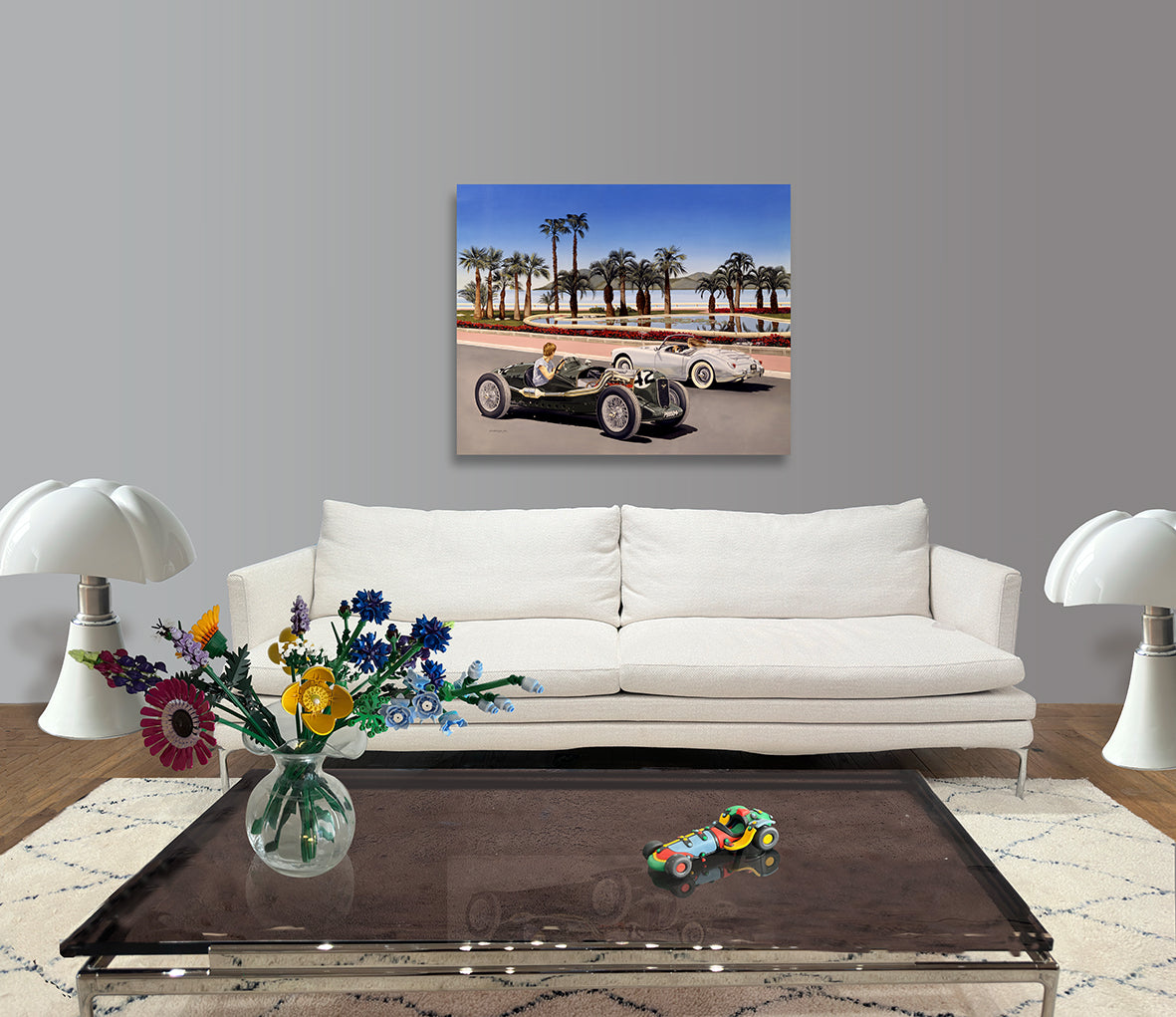 Tableaux de voitures de collection en situation. Décoration murale qui célèbre la passion automobile et la dolce vita méditerranéenne.100 x 60 cm, Sur alu 