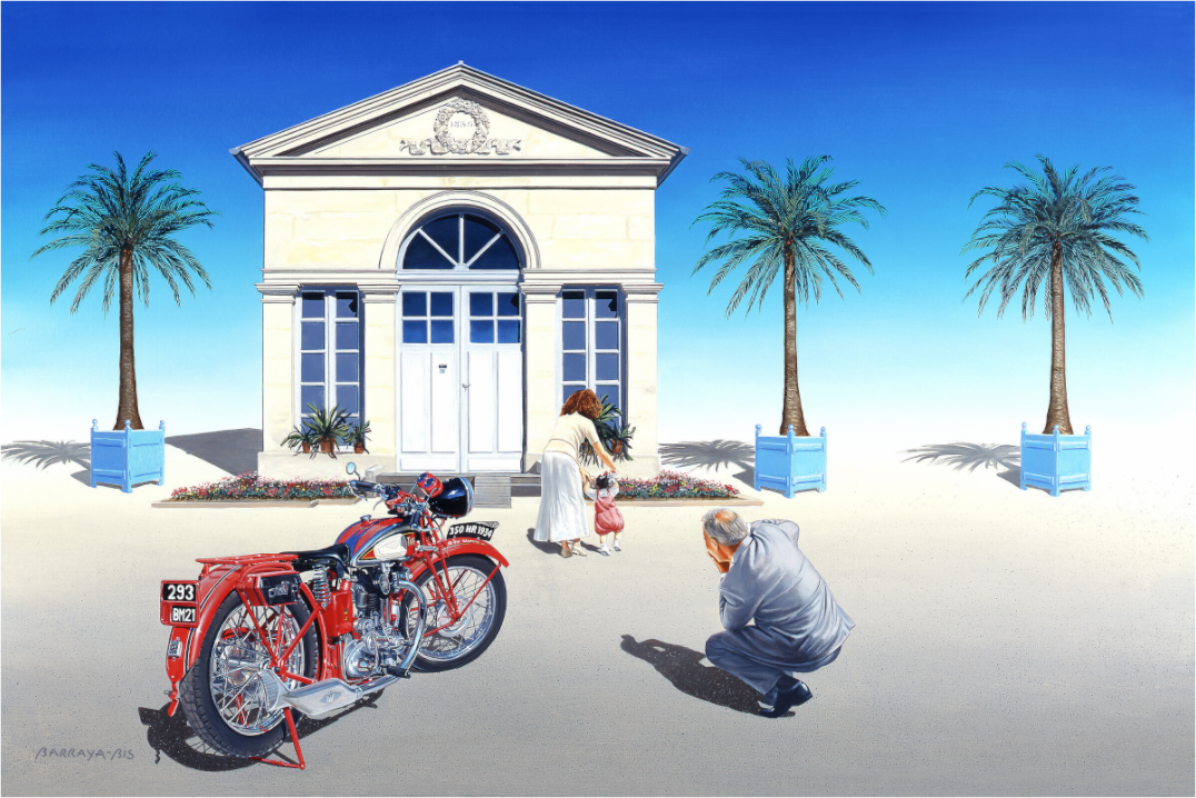 Peinture de Pierre Barraya . représentation artistique du jardin botanique de Dijon avec une moto Terot en premier plan.