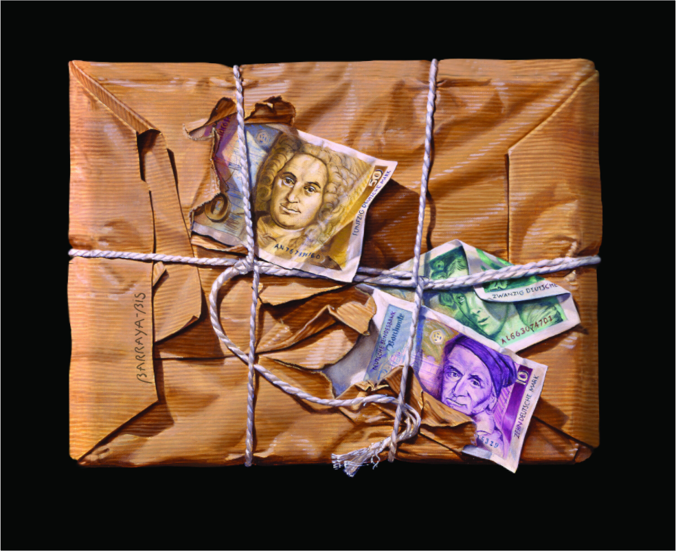 Un paquet en kraft contient des billets anciens allemands en Trompe l'œil. Le titre en français pour "Des marks3