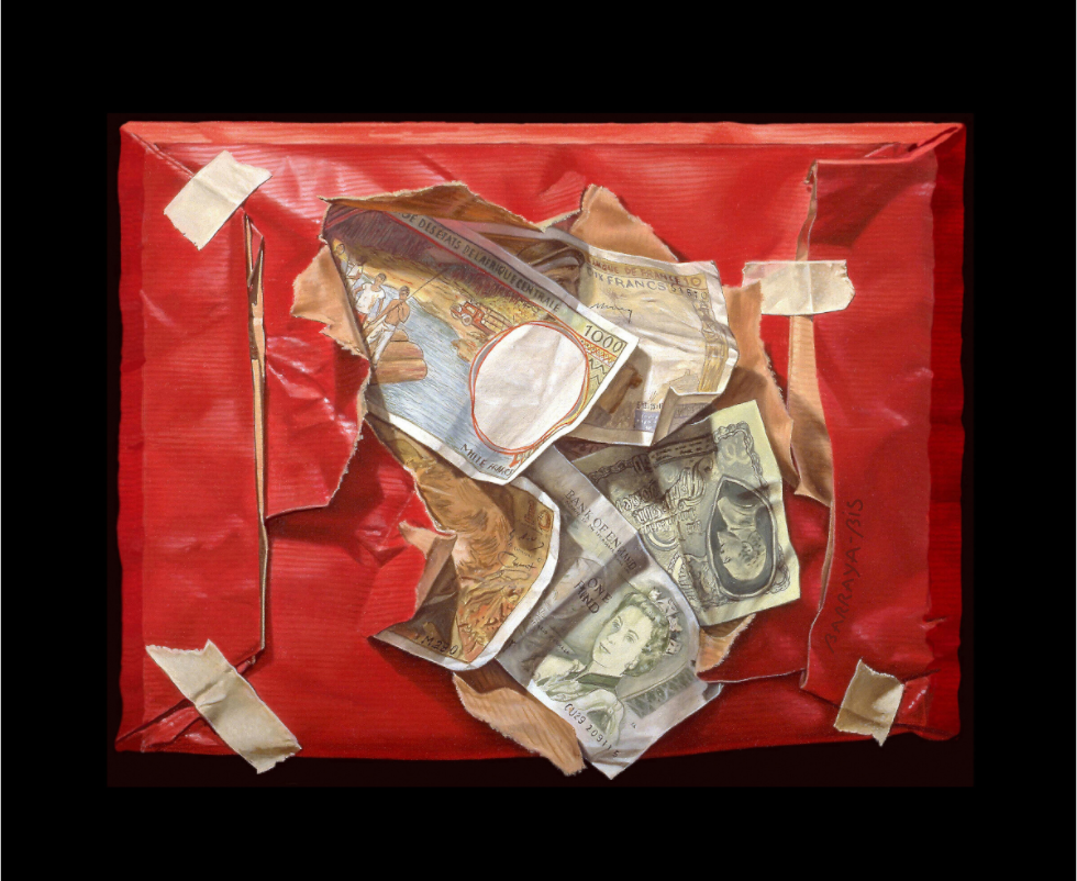 Un paquet en kraft rouge contient des billets anciens en Trompe l'œil.