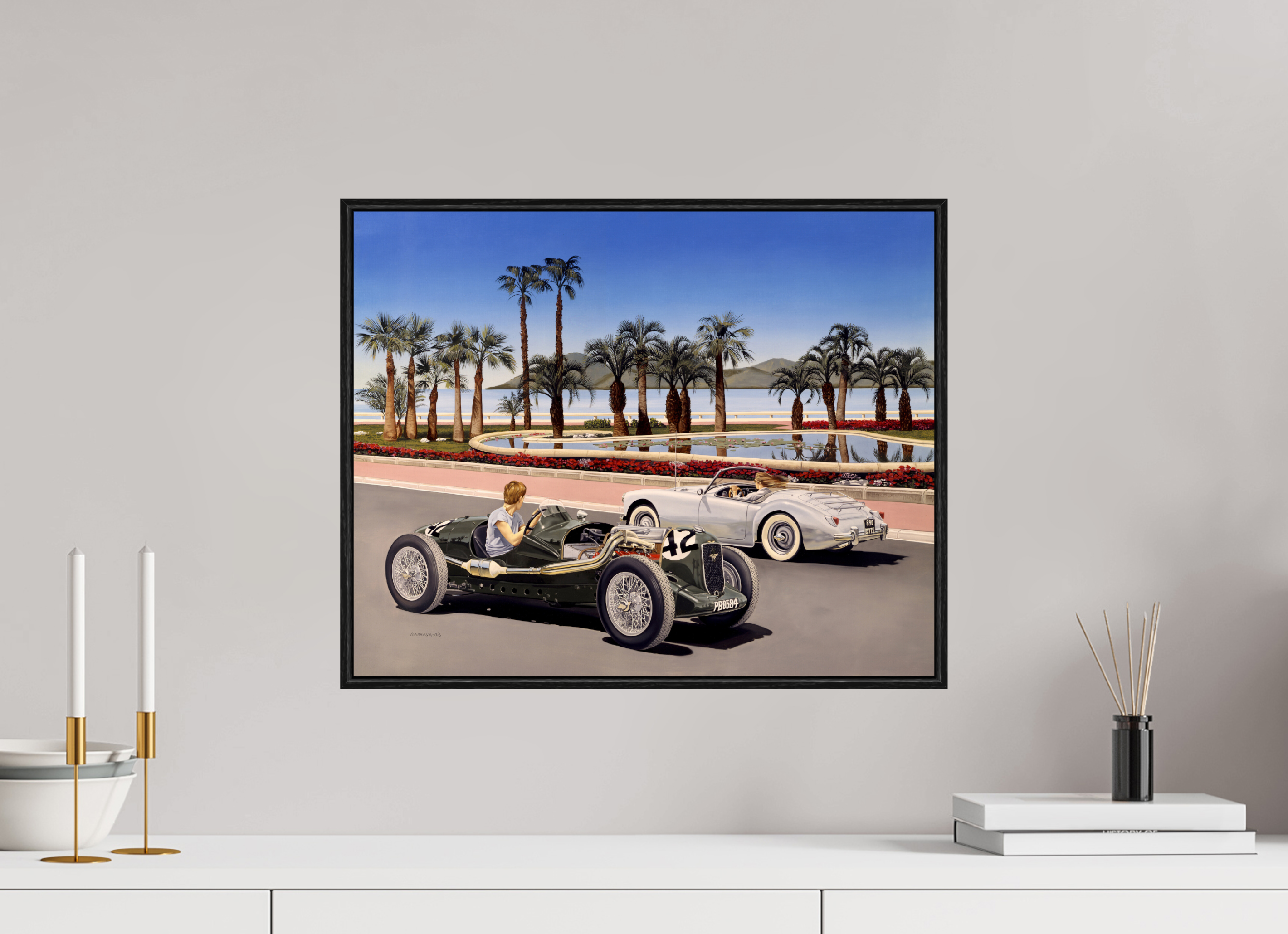 50 x 40 cm, Sur Alu Dibond Mat Cadre 6mm noir Deux voitures anglaises