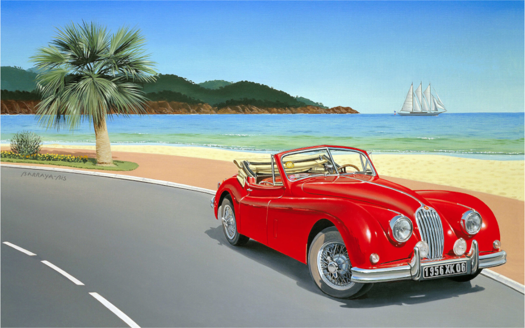 Élégance. Tableau imprimé en haute définition sur Alu Dibond. Il représente une Jaguar rouge garée au bord d'une plage magnifique. / Barraya-bis