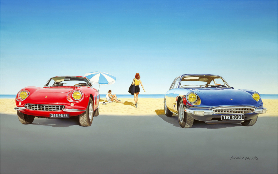 Ferrari-rêve. un tableau hyperréalisme. Il s'agit de deux Ferreri au bord d'une plage en plein soleil. Et deux personnages en Rendez-vous. / Barraya-bis