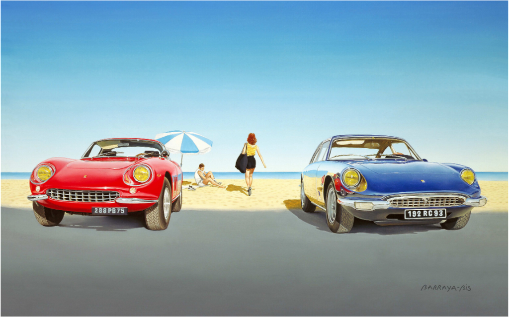 Sur une plage ensoleillée, un couple avec leurs Ferrari se sont donnés Rendez-vous.
