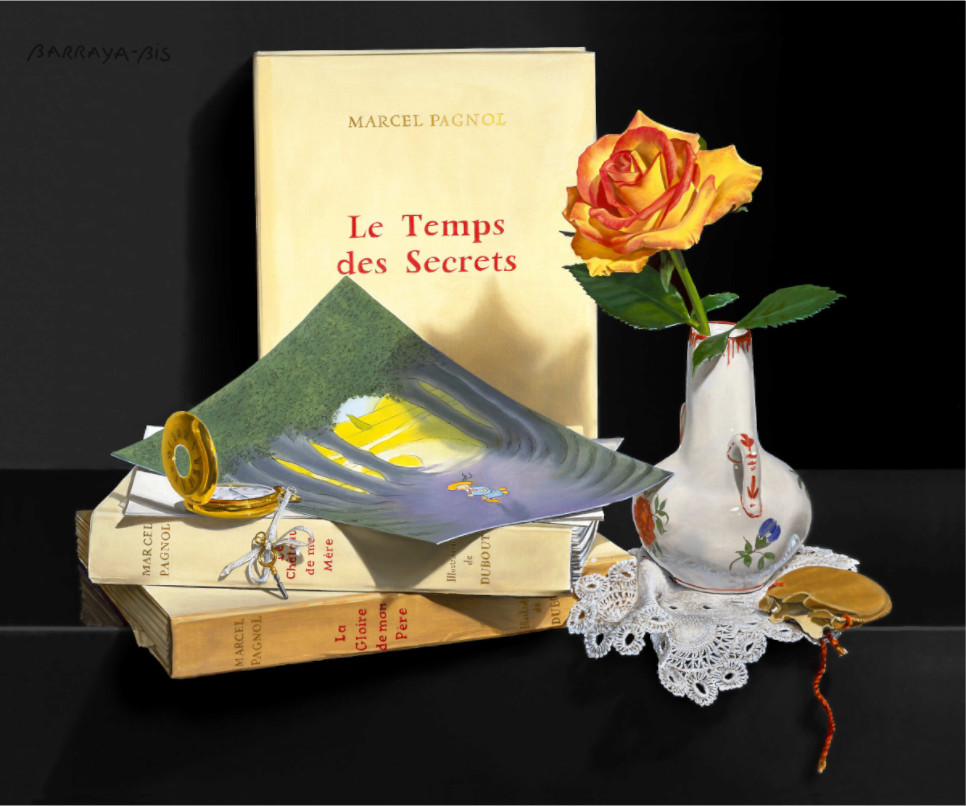 Devant le temps des secrets de Marcel Pagnol. À côté, une belle rose. La nappe délicate. L'intrigante montre à gousset d'époque, pendue à un chaînon en argent,