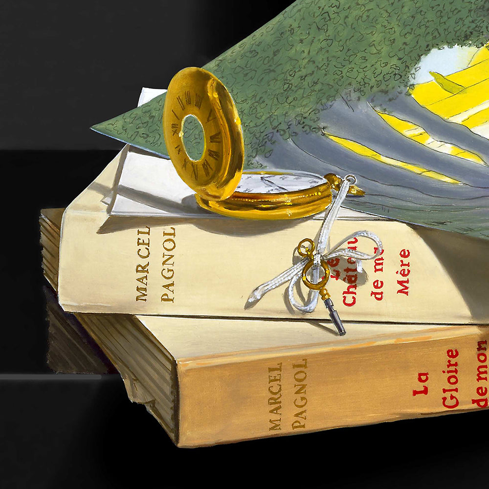 Jadis. Détail de la montre à gousset posé sur deux livres de Marcel Pagnol. / Barraya-bis