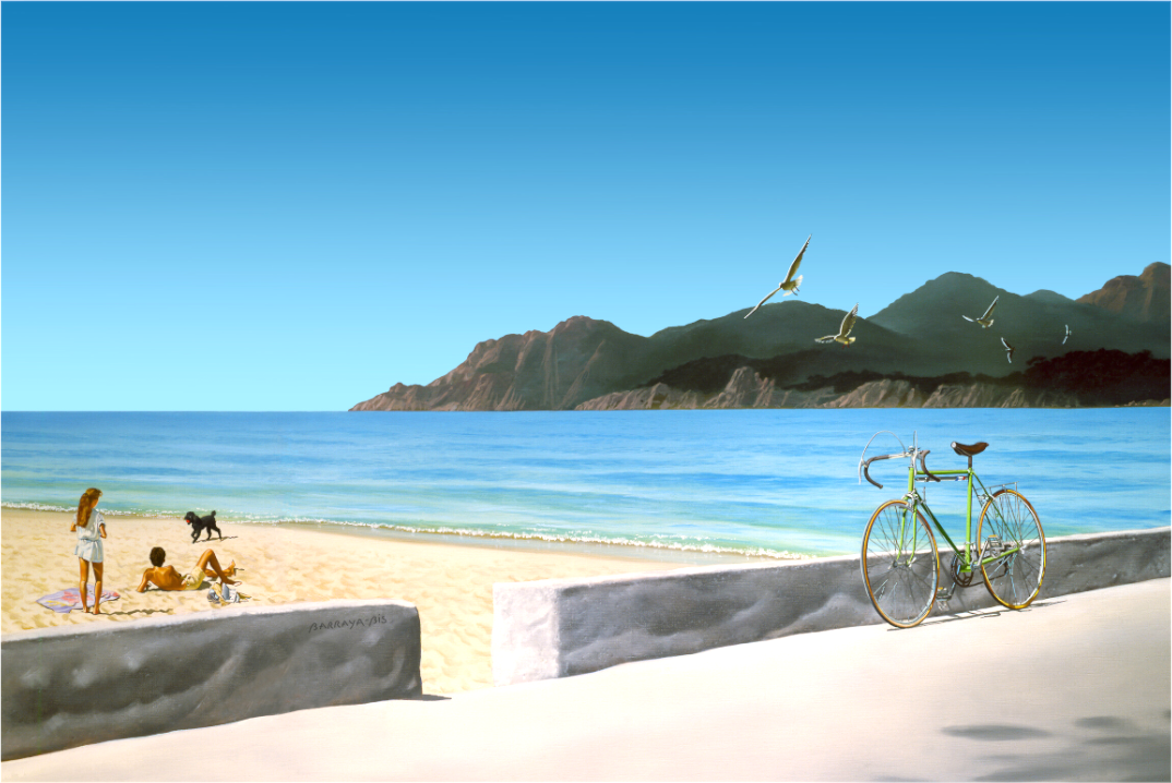 plage vue du chemin avec vélo posé sur parapet?qoelques personnages des mouettes davant montagnes