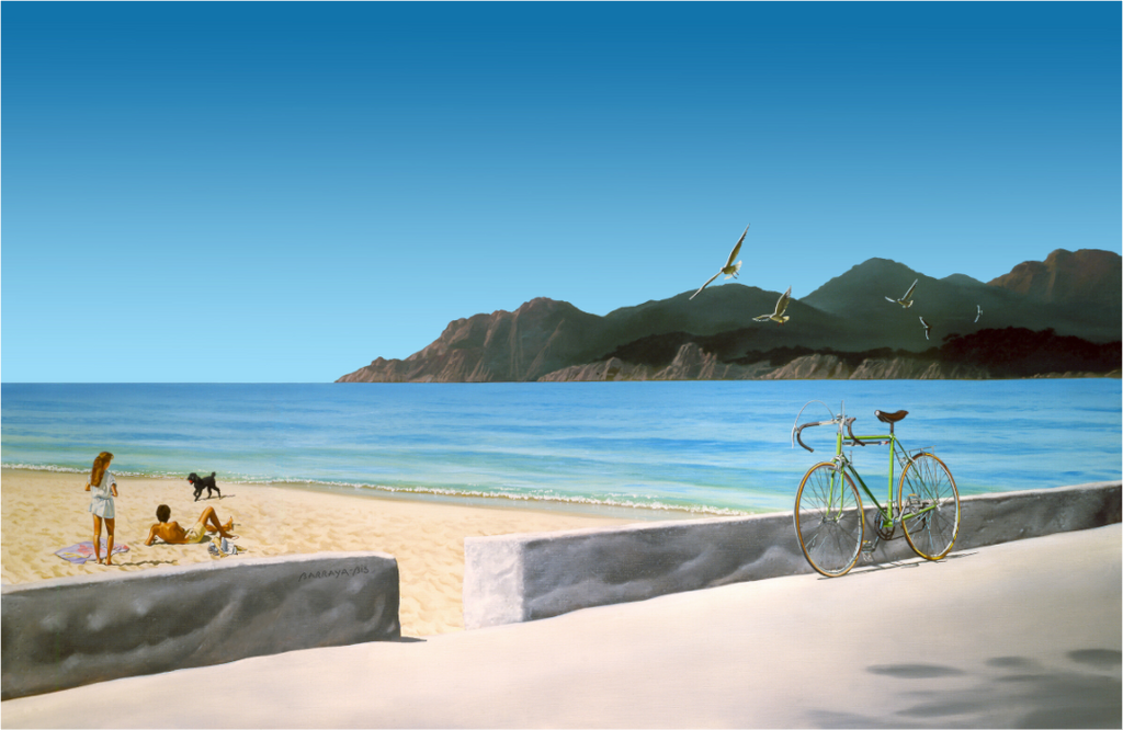 une belle plage ensoleillée avec des enfants, un chien, des mouettes et un vélo.