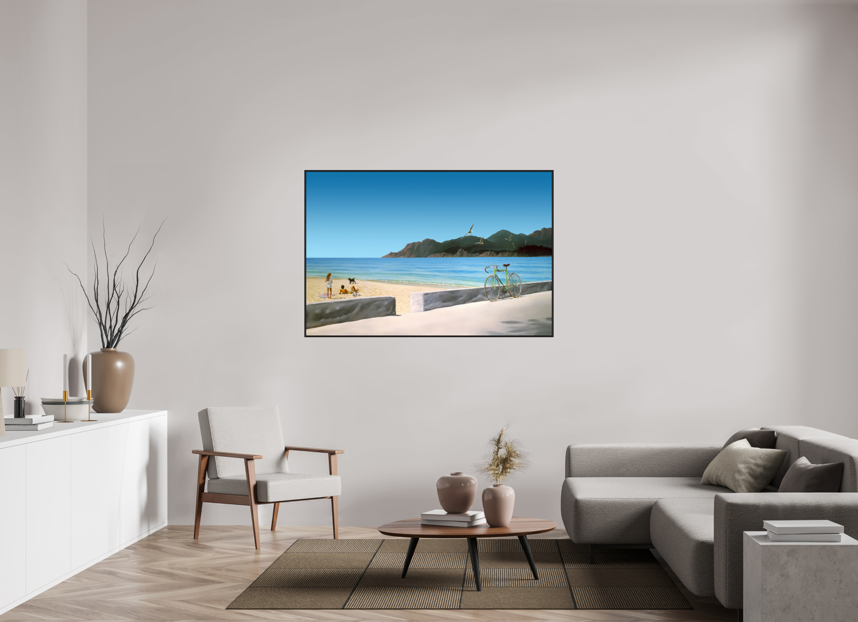 150 x 100 cm, Sur Alu Dibond Mat Cadre 6mm noir La plage.