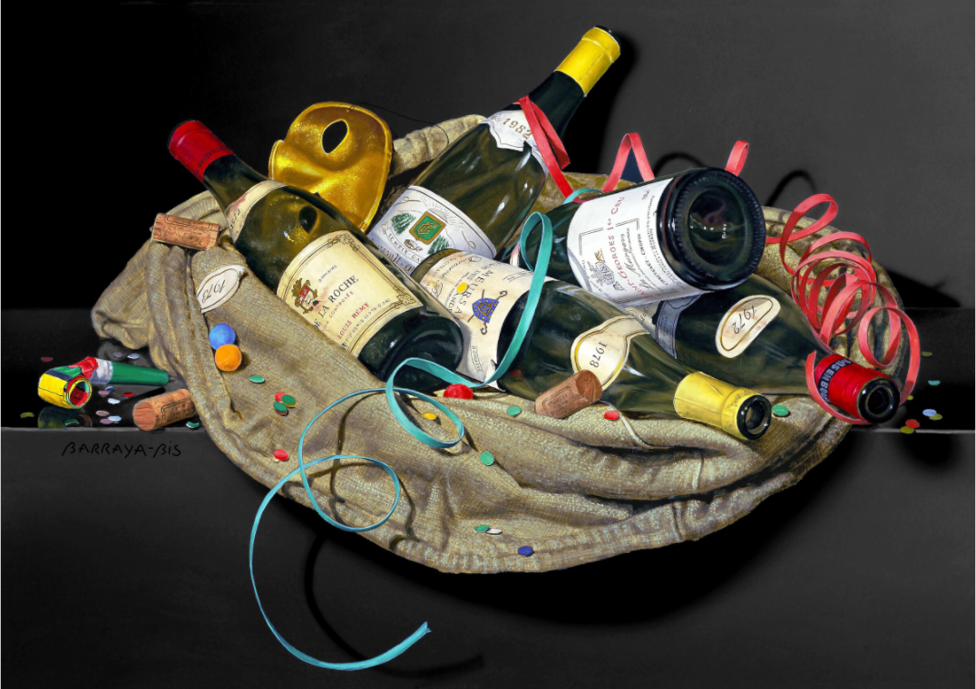 Le lendemain d'une bonne fête arrosée,  un sac de toile brute rempli de souvenirs colorés. Les grands crus de Bourgogne et les cotillons.