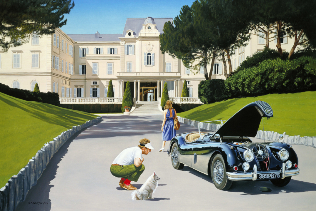 Réflexion. Une magnifique jaguar XK 120 est en panne devant l'Hotel du Cap .Son conducteur et son chien regardent la voiture en sa femme se préoccupe plutôt de l'hôtel. / BARRAYA-BIS
