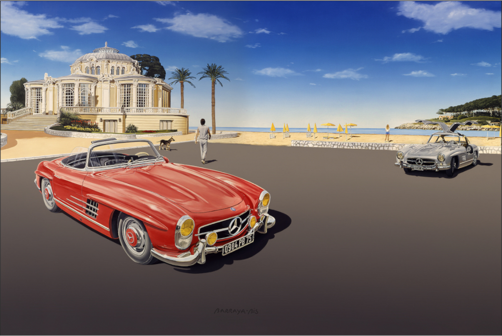 Peinture de Pierre Barraya — Couple et deux Mercedes de collection sur une plage de rêve devant un casino, ambiance apaisante et méditerranéenne, lumière ensoleillée, réalisme contemporain"