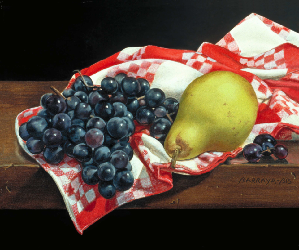 sur un torchon de cuisine à carreaux une grappe de raisin noir et une pomme juteuse