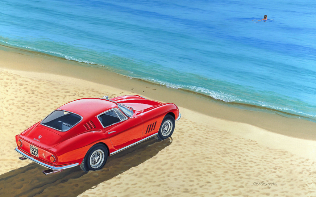 Une Ferrari rouge est allée tout au bord de la mer et son conducteur nage vers l'infini