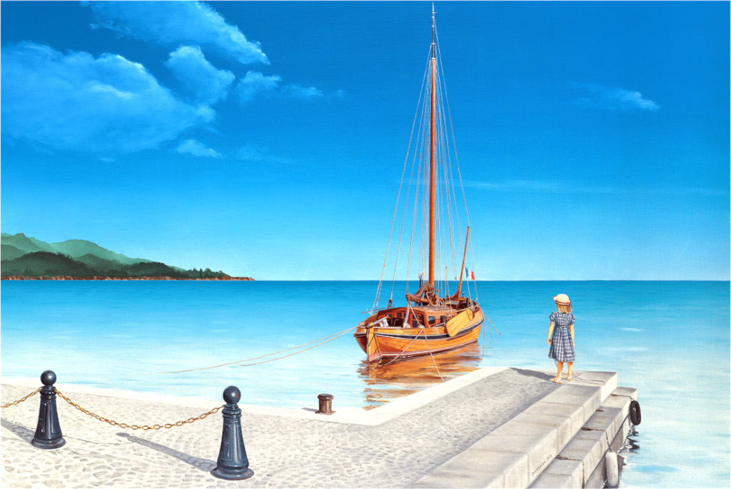 Sur les quais, une petite fille admire un étrange bateau, insolite dans un paysage méditerrannéen.