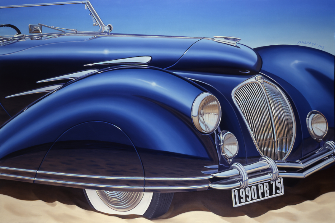 Peinture de Pierre Barraya — Delahaye bleu nuit, étude détaillée et cinématographique, art automobile vintage, impression haute définition sur Dibond sous Plexiglas, réalisme contemporain"