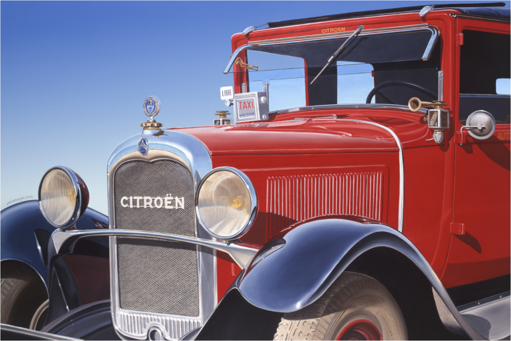 Peinture de Pierre Barraya — Taxi Citroën, composition artistique urbaine et parisienne, reproduction premium sur Dibond ou Plexiglas, réalisme contemporain