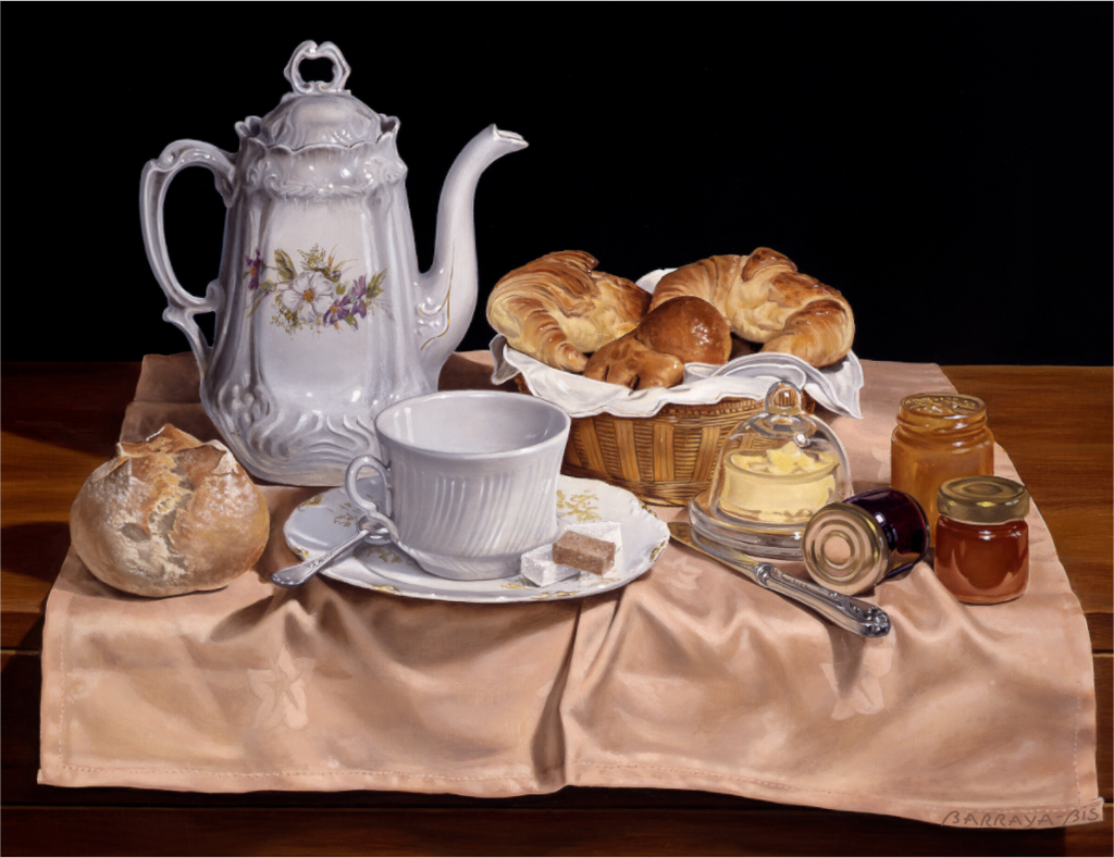 Peinture de Pierre Barraya — Petit-déjeuner parisien, théière ancienne en porcelaine, croissants dorés, nappe saumon, nature morte élégante, réalisme contemporain"