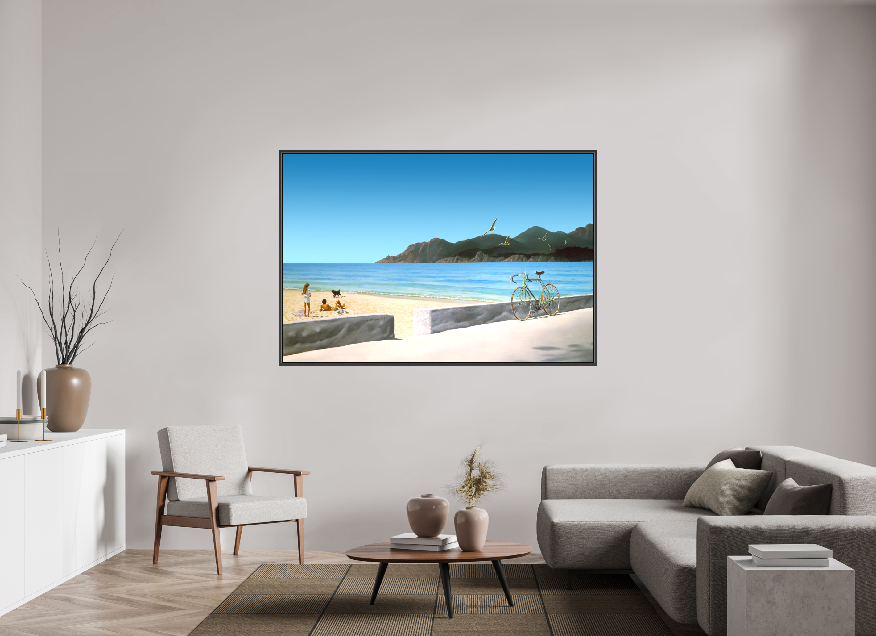 180 x 120 cm, Toile mate sur châssis 2cm cadre 15mm noir La grande plage.