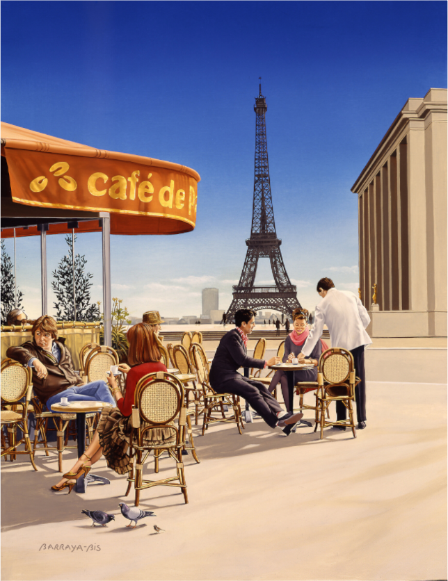 Peinture de Pierre Barraya — Scène de café parisien urbain, ambiance authentique et intemporelle, reproduction premium sur Dibond ou Plexiglas, réalisme contemporain