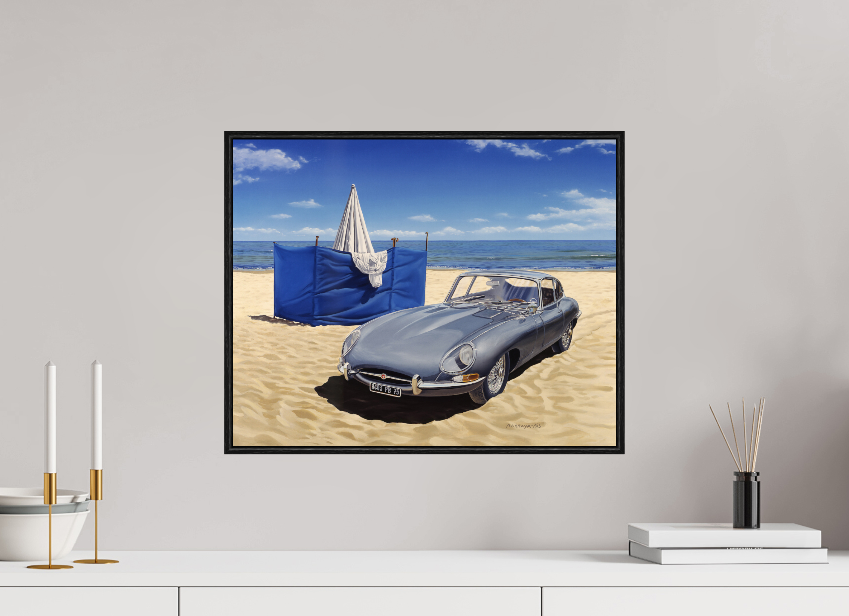 50 x 40 cm, Sur Alu Dibond Mat Cadre 6mm noir Le Paravent bleu.