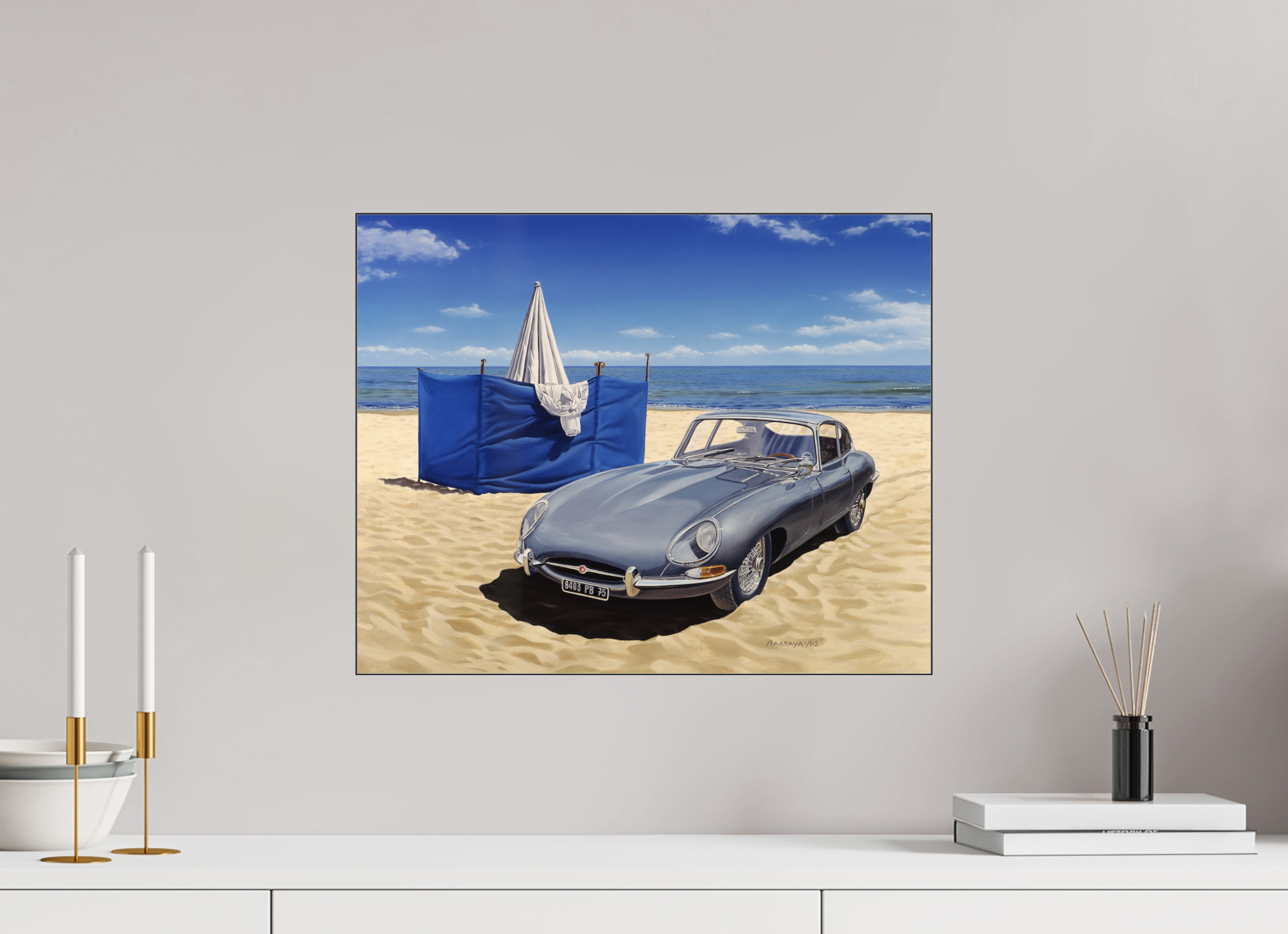 50 x 40 cm, ss plexi brillant cadre fin noir Le Paravent bleu.