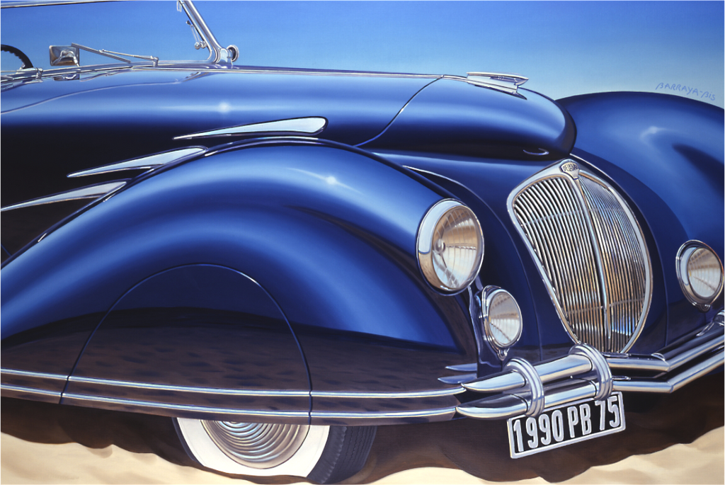 Peinture de Pierre Barraya — Portrait grand format de la Delahaye, détails subtils et précision remarquable, art automobile vintage, impression haute résolution sur toile, réalisme contemporain