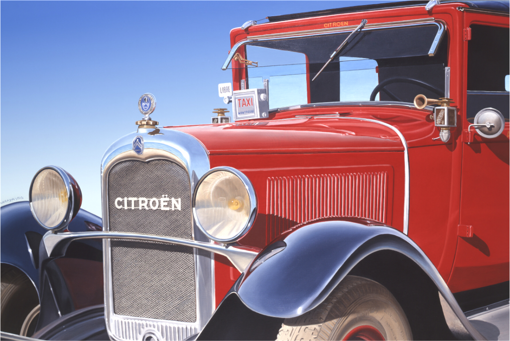 Peinture de Pierre Barraya — Portrait automobile d'un taxi de collection emblématique, détails distinctifs en grand format, design vintage épuré, réalisme contemporain