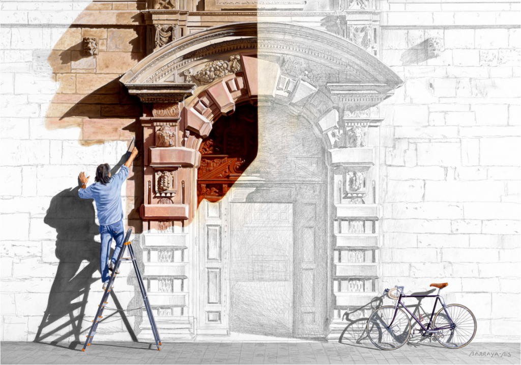 Peinture de Pierre Barraya — L'artiste sur un escabeau peignant la façade de l'Hôtel de Vogüé à Dijon, vélo appuyé contre la pierre, scène d'art en action, réalisme contemporain
