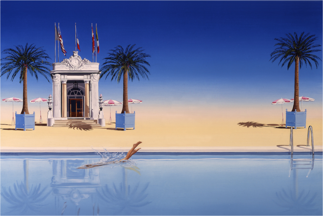 Peinture de Pierre Barraya — Jeune plongeuse en apesanteur devant l'entrée du Carlton à Cannes, luxe côtier et élégance éditoriale, minimalisme contemporain, impression sur Dibond"