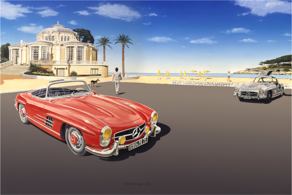  Peinture de Pierre Barraya — Deux Mercedes de collection sur une plage devant un casino, ambiance méditerranéenne de luxe, deux personnages et un chien, réalisme contemporain"