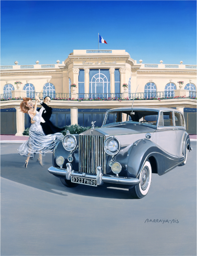 Peinture de Pierre Barraya — Couple en tenue de soirée dansant devant le casino de Deauville, Rolls-Royce deux tons, façades Belle Époque, glamour et élégance à la française, réalisme contemporain
